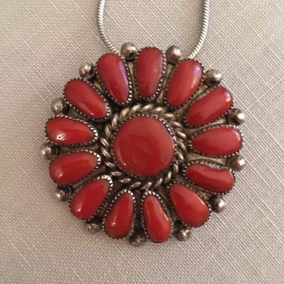 Red Coral & Silver Pendant/Pin by Lorraine Waatsa - Picture 2 of 8